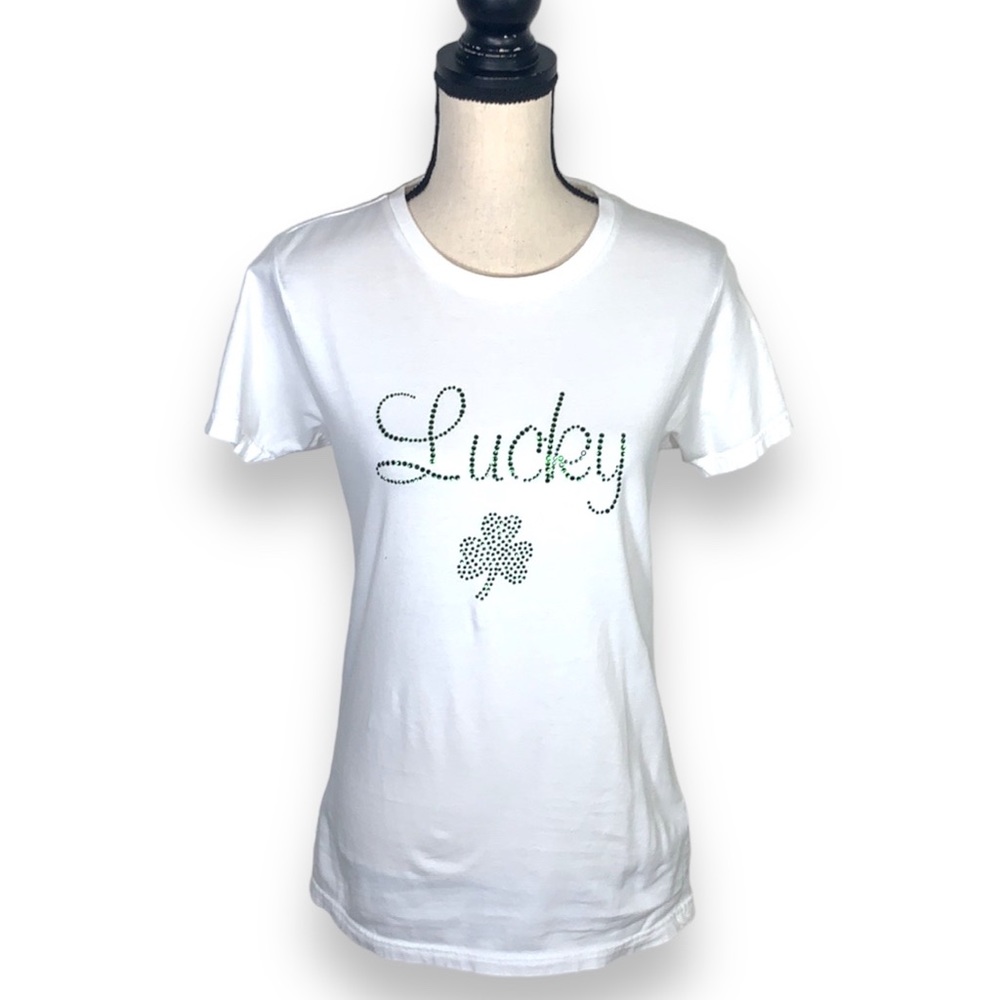 District Threads Lucky St Patrick's Day Jeweled Graphic Tee White Green Sz L